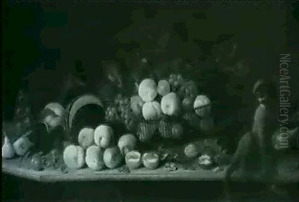 Still Life Of Fruit In A Basket Upon A Ledge With A Monkey, Squirrel And A Parrot - view 1