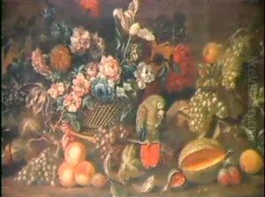 Stilleben Mit Blumen, Fruchtenund Papagei