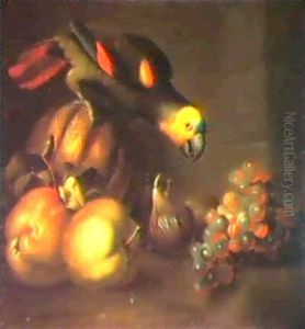 A Still Life With A Parakeet, Apples, Melons, Figs And Grapes, On A Ledge by Jakob Bogdani