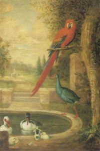 An Assembly Of Birds In A Landscape Including A Scarlet Macaw, Ducks And A Green-backed Gallinule by Jakob Bogdani