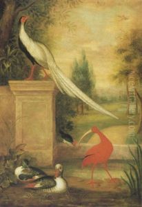 An Assembly Of Birds In A Landscape Including A Silver Pheasant, Ducks And An Ibis by Jakob Bogdani
