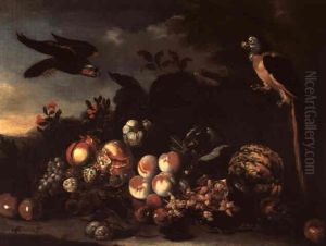 Still Life With Peaches, Pomegranates, Apples, Grapes And Melons With Two Exotic Birds by Jakob Bogdani