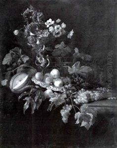 Elaborate Still Life With A Standing Cup Filled With        Flowers, A Silver Platter Withpeaches