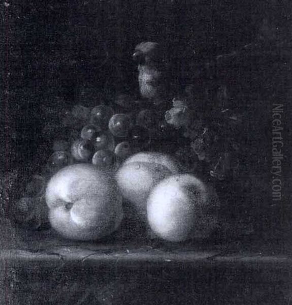 Peaches, Grapes And A Parrot On A Ledge - view 1