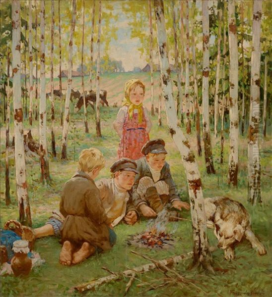Peasant Children At A Campfire by Nikolai Petrovich Bogdanov-Bel'sky