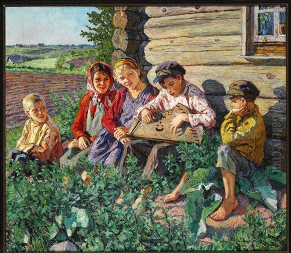 Summer Day In Russia With A Boy Playing Citar For The Girls - view 1