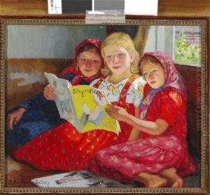 Three Russian Girls In Colourful Dresses And Head Scarffs Reading A Magazine by Nikolai Petrovich Bogdanov-Bel'sky