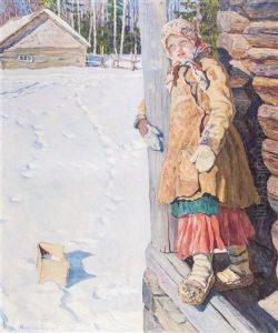 Madchen Mit Kopftuch An Einen Pfeiler Gelehnt In Winterlicher Landschaft by Nikolai Petrovich Bogdanov-Bel'sky