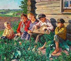 Summer Day With A Boy Playing Citar For The Girls Outside A Barn by Nikolai Petrovich Bogdanov-Bel'sky