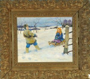 Kinder Mit Schlitten In Verschneiter Landschaft by Nikolai Petrovich Bogdanov-Bel'sky