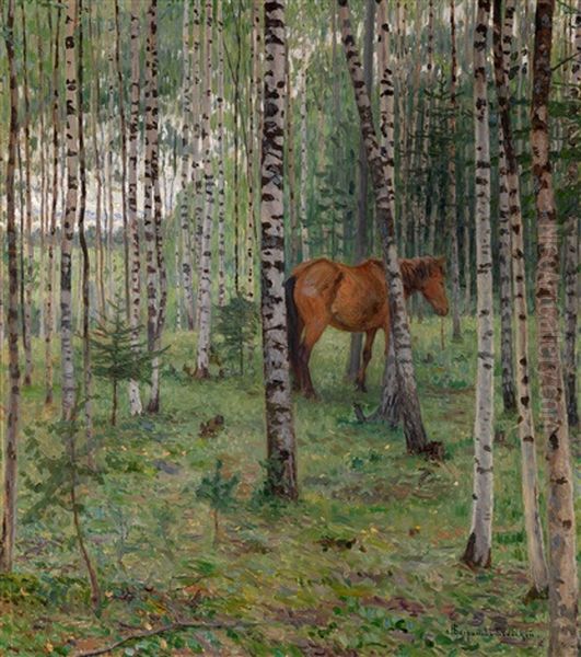 Horse In A Birch Grove - view 1