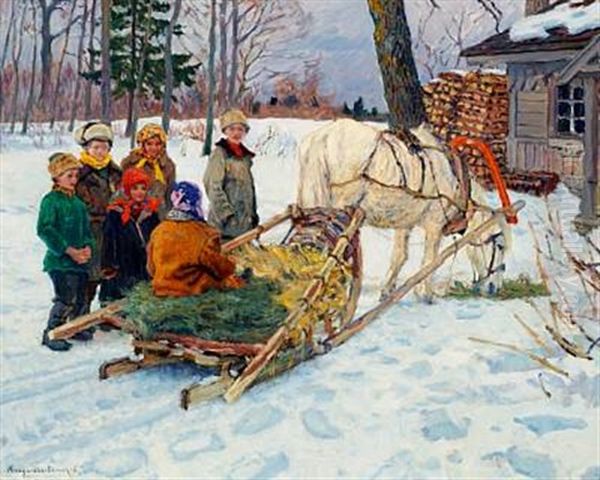 Winter View With Children By A Sledge - view 1