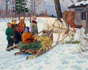 Winter View With Children By A Sledge