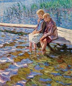Two Girls Sitting On A Bathing Jetty With Their Feet In The Water by Nikolai Petrovich Bogdanov-Bel'sky