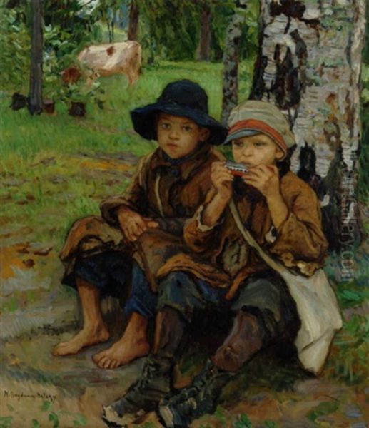 To Drenge I En Skovbund, Den Ene Spiller Pa Mundharmonika - view 1