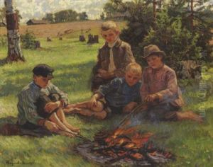 Vier Knaben Um Ein Lagerfeuer