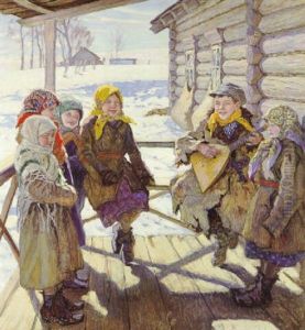 Born Pa En Terrasse Udenfor Et Hus, Vinter