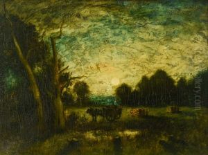Tonalist Nocturnal Landscape, A Man Clearing Land And Loading Wood Onto A Cart by George Henry Bogert
