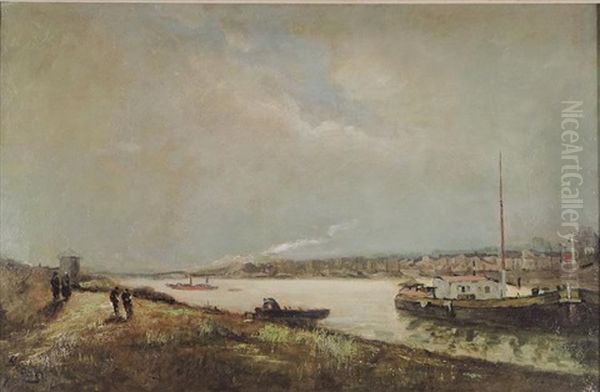 French River Scene With Boats And Stroller On Bank - view 1