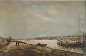 French River Scene With Boats And Stroller On Bank French River Scene With Boats And Stroller On Bank