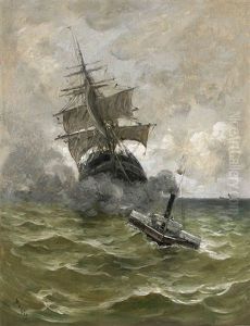 Steam Tug With Sailing Ship Under Tow by Frank Myers Boggs