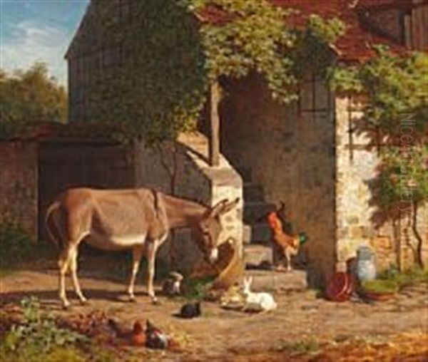 Farm Exterior With Donkey Surrounded By Hens And Rabbits - view 1