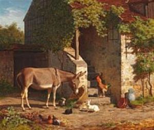 Farm Exterior With Donkey Surrounded By Hens And Rabbits by Carl Henrik Bogh