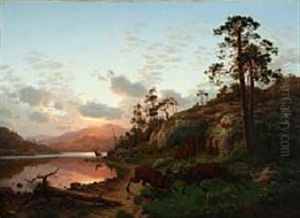 Mountainscape With Deer In Heat, Sunset