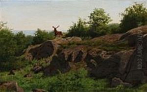 A Stag In A Rocky Landscape by Carl Henrik Bogh