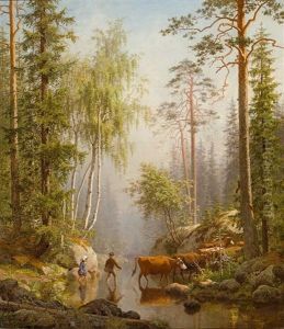 Prachtvolle Morgendliche Waldlandschaft Mit Aufsteigendem Dunst. Kinder Treiben Vieh Durch Eine Furt Prachtvolle Morgendliche Waldlandschaft Mit Aufsteigendem Dunst. Kinder Treiben Vieh Durch Eine Furt