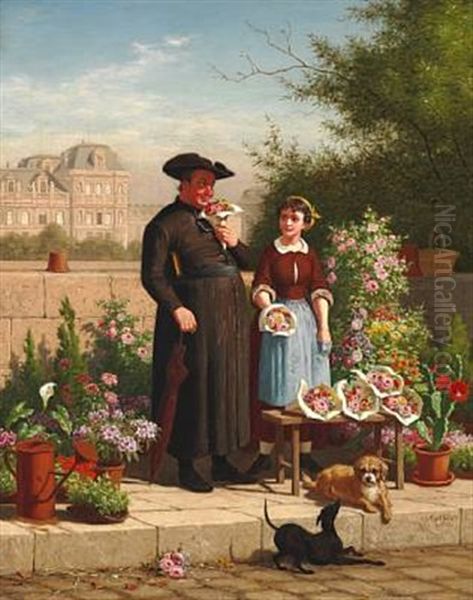 A Priest And A Flower Girl. In The Background The Louvre In Paris - view 1