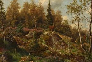 Swedish Forest Landscape With A Deer Standing On A Rock by Carl Henrik Bogh
