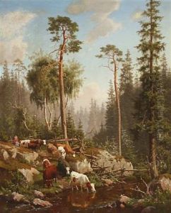 Swedish Forest Landscape With A Woman Herding Cattle by Carl Henrik Bogh