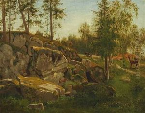 Landscape With Rocks And Grazing Deer by Carl Henrik Bogh
