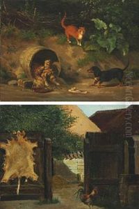 Landscape With Playing Cat And Dogs And An Yard With Hens (2 Works) by Carl Henrik Bogh