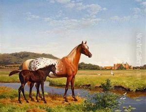 Horses And Storks In The Meadow Near The Manor House Gl. Estrup by Carl Henrik Bogh