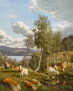 Swedish Landscape With Cattle Near A Lake by Carl Henrik Bogh