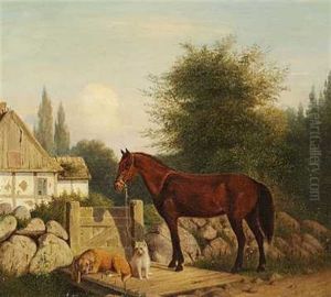 Hest Og To Hunde Ved Lagen Til Et Bindingsvaerkshus by Carl Henrik Bogh
