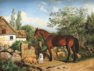 Ein Pferd Und Zwei Hunde Warten Vor Dem Hof