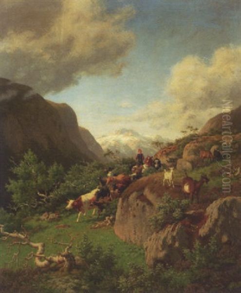 Norsk Landskab Fra Dovre Med Hyrdedreng, Far Og Koer - view 1
