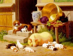 Gardexterior Med Grisefamilie Og To Hunde Ved Siden Af Kokkendoren Bord Med Grontsager Og Krukker Gardexterior Med Grisefamilie Og To Hunde Ved Siden Af Kokkendoren Bord Med Grontsager Og Krukker