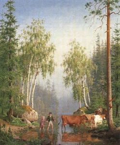 Sydsvensk Skovparti Med Vogterdreng Og Lille Pige Der Forer Koerne Over Et Vandlob by Carl Henrik Bogh