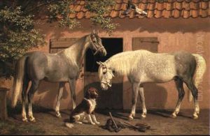 To Heste Og Hund Ved En Stalddor To Heste Og Hund Ved En Stalddor