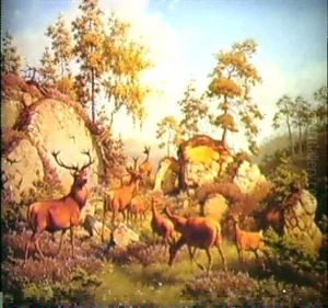 Deer In A Hilly Landscape In Springtime by Carl Henrik Bogh