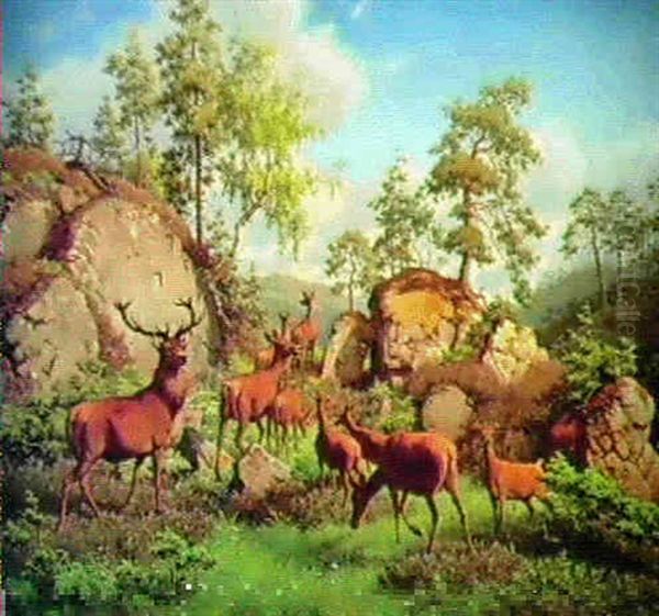 Kronhjort Og Radyr Graessende Mellem Klippestykker Pa En Blomstrende Skovbund, Sceneri Fra Oen Hittern Ved Trondhjem. - view 1