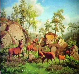 Kronhjort Og Radyr Graessende Mellem Klippestykker Pa En    Blomstrende Skovbund, Sceneri Fra Oen Hittern Ved Trondhjem.