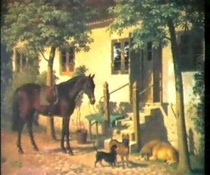 En Opsadlet Hest Og Tre Hunde Ved Trappen Til En            Skovriderbolig