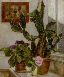Kaktus, Rose Og Potteplante I Vindueskarm by Elnar V. Boegh