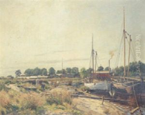 Fishing Boats Moored On A River Bank Fishing Boats Moored On A River Bank