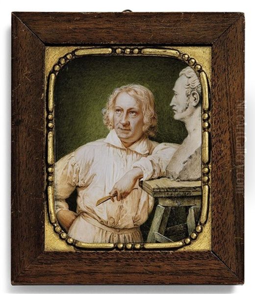 Sculptor Bertel Thorvaldsen In White Smock, Holding A Chisel, Leaning Against A Wooden Table Set With A Bust Of Horace Vernet (after Horace Vernet) - view 1